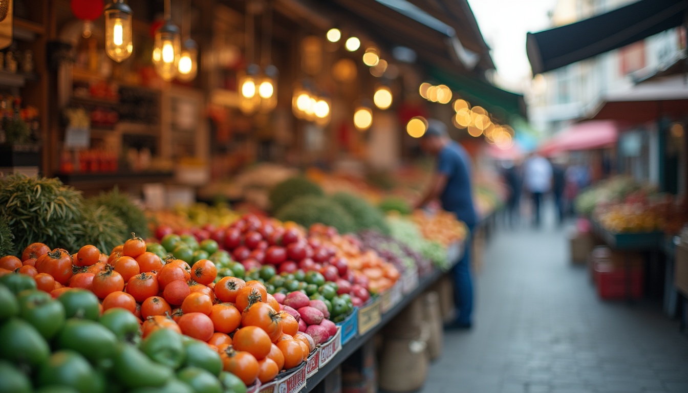 O reprezentare a unui târg animat din Focșani, cu oameni plimbându-se printre standuri pline de produse locale și artizanat