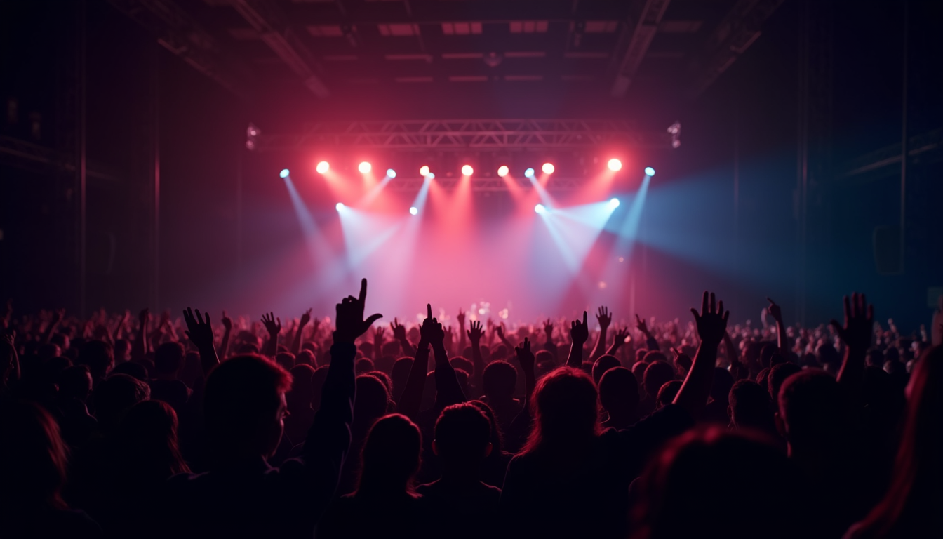 O mulțime de oameni entuziaști la un concert în Focșani, cu lumini de scenă colorate și un artist cântând.