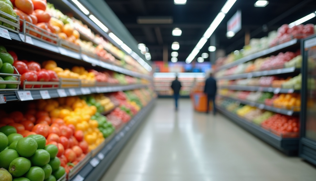 O imagine panoramică a unui supermarket modern din Focșani, cu oameni la cumpărături și coșuri pline.